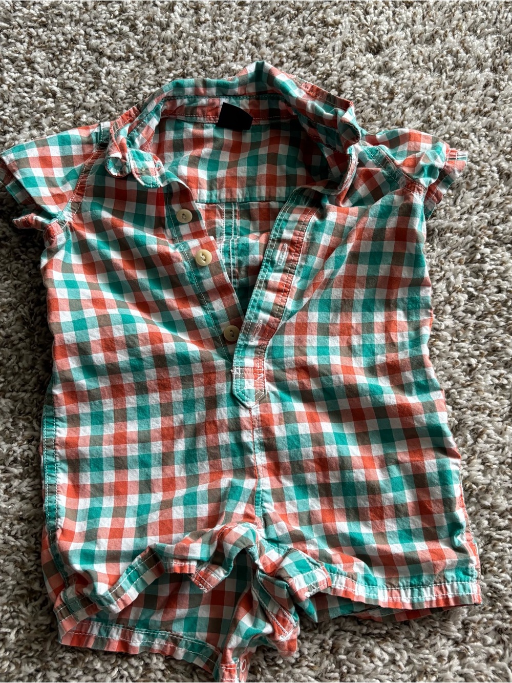 GAP Coral and Teal Check Plaid Short Sleeve Romper
